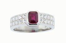 Emerald cut ruby round brilliant diamonds set in Platinum